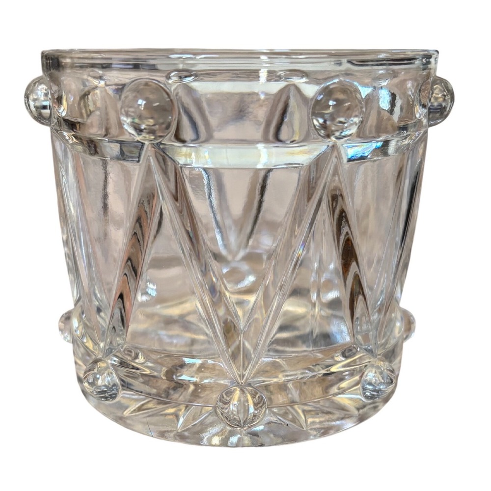 Vintage Heavy Crystal Glass Drum Ice Bucket Diamond Starburst Cut Barware 5in